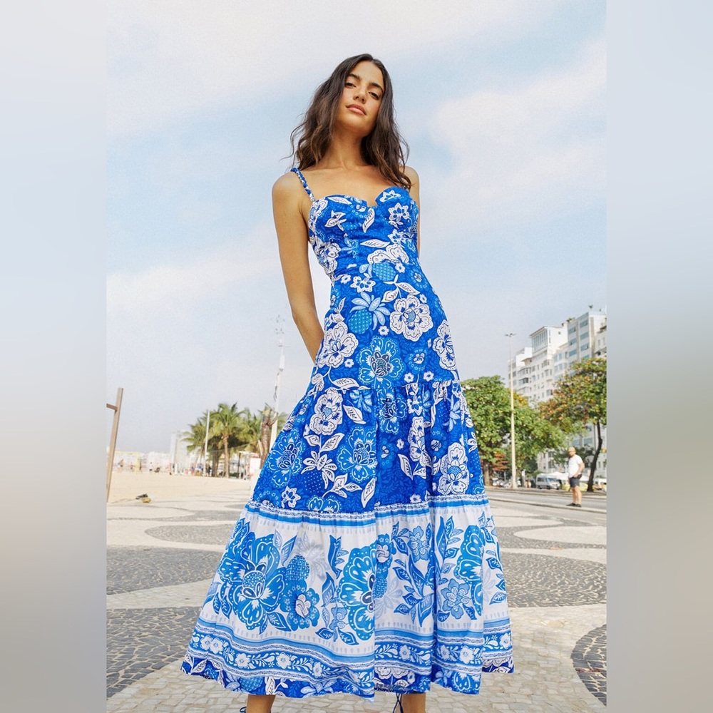 Farm Rio Blue Full Of Flowers Organic Cotton Midi Dress Sz XL